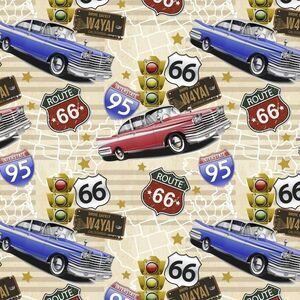 David Textiles Route 66 Retro Cars Sewing Fabric 36 x 44 In. Quilting Craft NEW